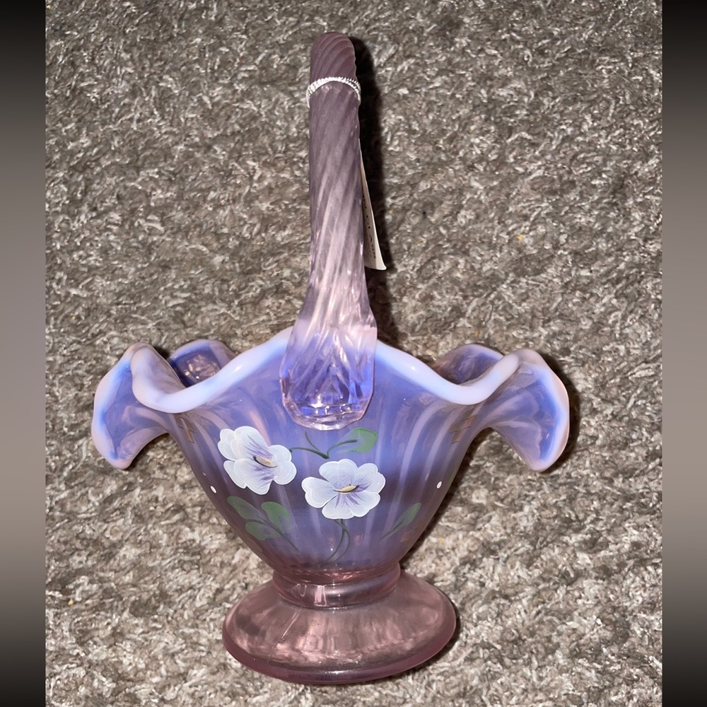 Fenton Hand Painted Spring Splendor Pink Chiffon Opalescent Ribbed Basket